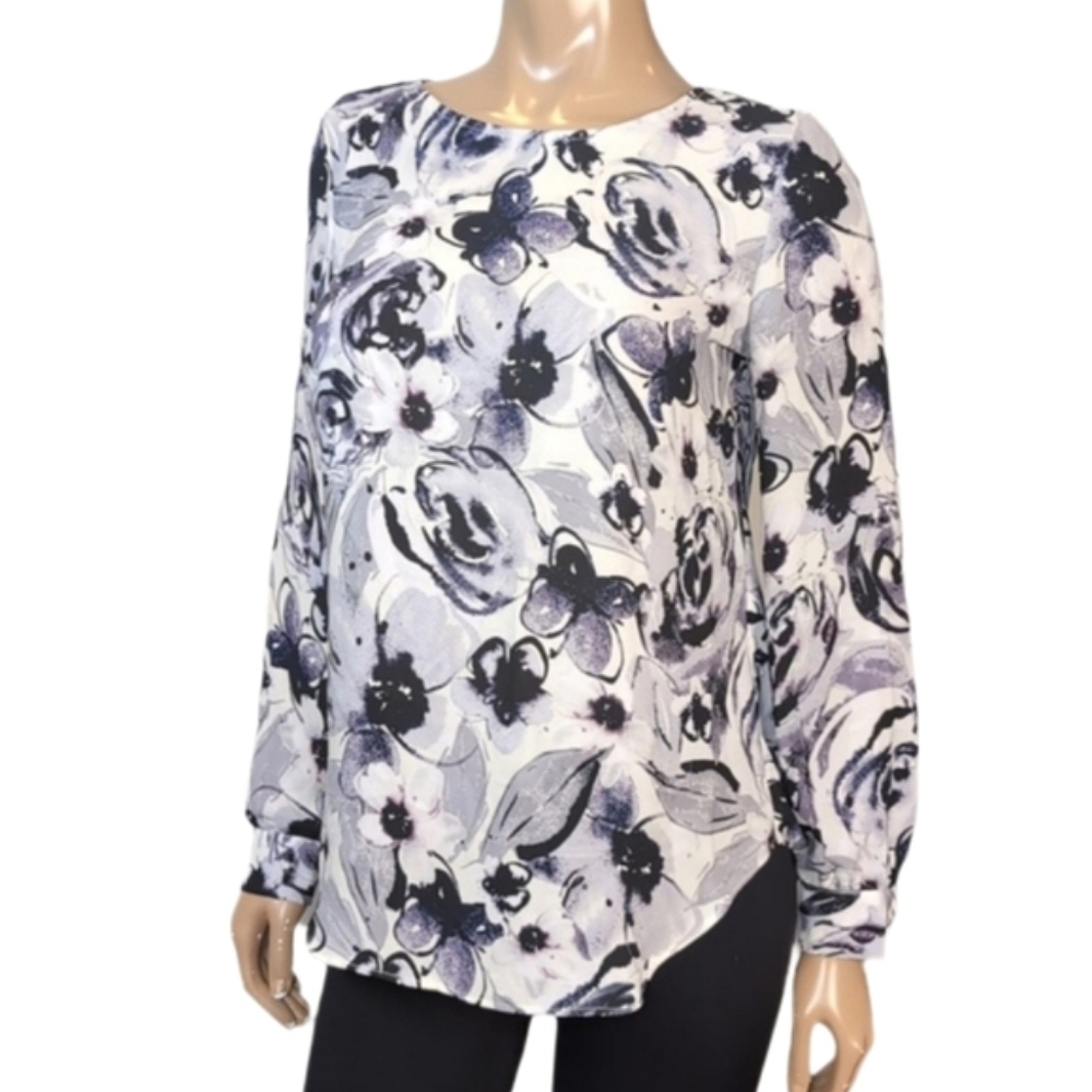 Rose & Olive Floral Blouse Womens Size Small Long Sleeve Grey Purple Cut Out Top